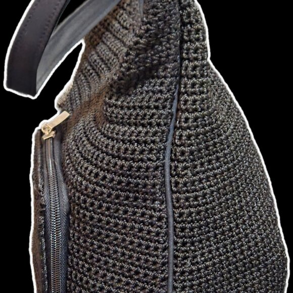 Vintage Black Crochet Woven Hobo Shoulder Bag - 90s Boho Style - Picture 2 of 7